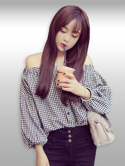 เสื้อแฟชั่นเปิดไหล่ลายตารางสไตล์เกาหลี รหัส1733