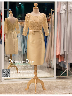 รหัส ชุดราตรี : PFS047 ชุดแซกมีแขน ชุดราตรีสั้นหรูสีทอง สวย สง่า ดูดีแบบเจ้าหญิง ใส่เป็นชุดงานเช้า ชุดไปงานแต่งงาน งานกาล่าดินเนอร์ งานเลี้ยง งานพรอม งานรับกระบี่