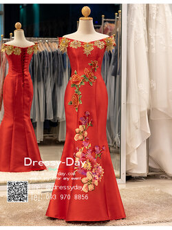 รหัส ชุดกี่เพ้า : KPL126 ชุดพิธียกน้ำชา ชุดยกน้ำชาหรูๆ แบบพิธีจีน เปิดไหล่ หางปลา สวย หรู เป๊ะปังทุกองศา