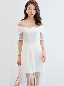 ชุดเดรสแฟชั่น เปิดไหล่ ต่อแขนและกระโปรงผ้าตาข่ายผ่าหน้าและสวยหวานสไตล์เกาหลี รหัส 1700-สีขาว