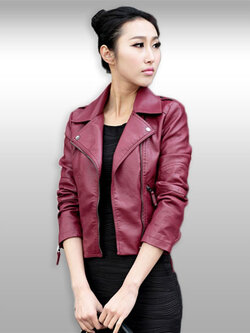 เสื้อคลุมหนังแขนยาวสีไวน์แดงคอปกซิปหน้า รหัส1992