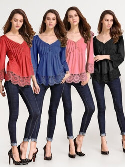 เสื้อแฟชั่นคอวีแต่งลูกไม้ ใส่เที่ยวสวยๆสไตล์เกาหลี มี 4 สี รหัส 1800