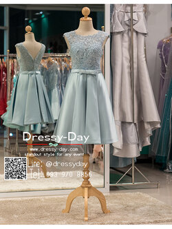 รหัส ชุดราตรีสั้น : PF049 ชุดราตรีตกแต่งลูกไม้ซีทรู เดรสออกงาน ชุดไปงานแต่งงาน ชุดแซก สีฟ้า แขนกุด ผ้าไหมสุดหรู เหมาะสำหรับงานแต่งงาน งานกลางคืน กาล่าดินเนอร์