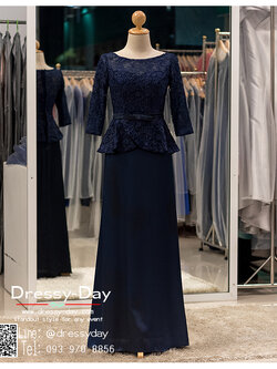 รหัส ชุดราตรี : PFL060 ชุดราตรียาวมีแขนตกแต่งด้วยลูกไม้งานสวย ชุดไปงานแต่งสีน้ำเงิน เรียบหรู เหมาะสำหรับงานแต่งงาน งานกลางคืน กาล่าดินเนอร์ ชุดออกงาน