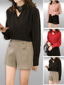 เสื้อแฟชั่นคอวีแต่งโช้คเก้อร์สวยหวาน มี3สีรหัส1988