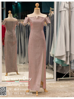 รหัส ชุดราตรียาวคนอ้วน : PK036 ชุดแซก ชุดราตรียาวมีแขน หรู สีชมพู ไหล่ปาด ผ้ากริตเตอร์ เรียบหรู เหมาะสำหรับงานแต่งงาน งานกลางคืน กาล่าดินเนอร์