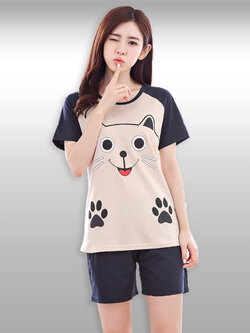 ชุดเซ็ทเสื้อกางเกงลายหน้าแมวสุดน่ารัก รหัส2102