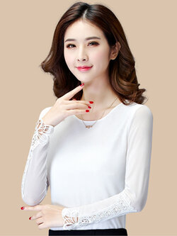 เสื้อแฟชั่นคอกลมแขนยาวชีฟองสุดนุ่ม แต่งเก๋ปลายแขนด้วยผ้าลูกไม้-1495-สีขาว