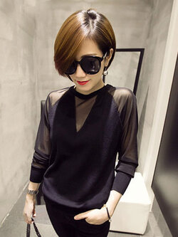 เสื้อยืดแฟชั่นสีดำ แต่งแขนซีทรู สวยปนเท่ห์สไตล์เกาหลี รหัส 1693