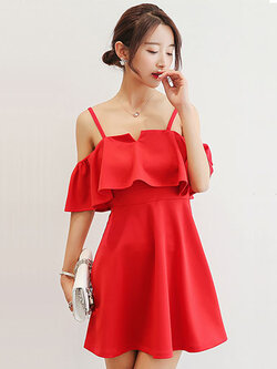 ชุดเดรสแฟชั่นสายเดี่ยว แต่งผ้าระบายรอบอกคลุมแลดูสวยหวานสไตล์เกาหลี รหัส 1705