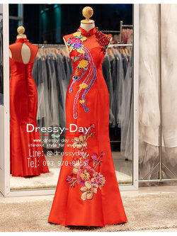 รหัส ชุดกี่เพ้า : KPL150 ชุดพิธียกน้ำชา หรูๆ แบบยาว ใส่พิธีหมั้นจีน ปักดอกไม้ สวย หรูหราเว่อร์วัง อลังการแบบจัดเต็ม