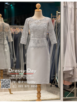 รหัส ชุดราตรีสั้น :PFS060 ชุดไปงานแต่งงานแขนยาวตกแต่งลูกไม้ ชุดราตรีสั้นผ้าไหมสีเทาสวยหรู ชุดเดรสออกงานสามารถใส่เป็นชุดไปงานแต่งงาน กาล่าดินเนอร์ ชุดไทยประยุกต์