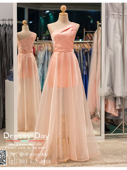 รหัส ชุดราตรียาว :PF039ชุดราตรีไหล่เฉียง สีชมพู ชุดไปงานแต่งประดับ เหมาะใส่ออกงานแต่งงาน งานกลางวัน กลางคืน