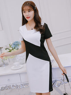 ชุดเดรสแฟชั่นคอเฉียง แต่งถาบขาวดำตามแบบสวยเก๋ รหัส 1640