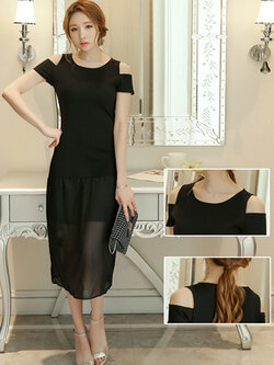 ชุดเดรสแฟชั่น โชว์ไหล่ออกงานสวยหวานสไตล์เกาหลี รหัส 1447