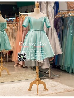 รหัส ชุดราตรีสั้น :PF064-2 PF064-2 ชุดราตรีสั้น เดรสออกงาน ชุดไปงานแต่งงาน ชุดแซก สีเขียวมื้น มีแขน เปิดไหล่ ผ้าไหมสุดหรู เหมาะสำหรับงานแต่งงาน งานกลางคืน กาล่าดินเนอร์