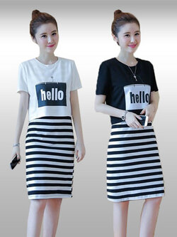 ชุดเซทเสื้อแฟชั่นสกรีนอก มาพร้อมเดรสแขนกุดลายขวางสวยน่ารักสไตล์เกาหลี มี 2 สี รหัส1871