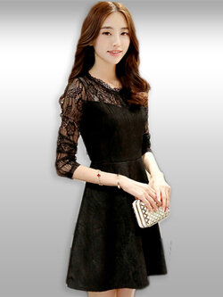 ชุดเดรสแฟชั่นคอกลมทักลูกไม้ แต่งลูกไม้ทั้งชุดสไตล์หรูหรา-1552-สีดำ