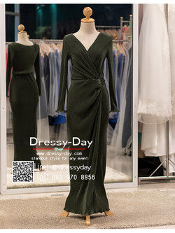รหัส ชุดเจ้าภาพ : PFL096 ชุดราตรียาวสีเขียว มีแขนยาว ชุดไปงานแต่งงานกลางวัน กลางคืน ชุดราตรีคนอ้วน ใส่สวย พร้อมส่ง