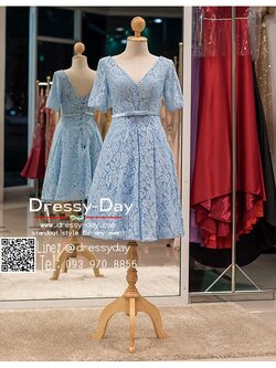 รหัส ชุดราตรี :PFS016 ชุดแซกผ้าลูกไม้งานสวย ชุดราตรีสั้นหรูสีฟ้ามาพร้อมเข็มขัด สวย สง่า ดูดีแบบเจ้าหญิง ใส่ไปงานแต่งงาน งานกาล่าดินเนอร์ งานเลี้ยง งานพรอม งานรับกระบี่