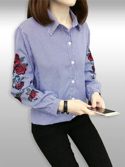 เสื้อเชื๊ตแฟชั่นคอปกแขนแต่งลายดอกไม้สไตล์เกาหลี รหัส 1931