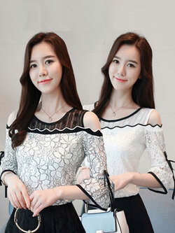 เสื้อแฟชั่นแขนสี่ส่วน ช่วงคอเป็นผ้าตาข่ายโปร่งโชว์ไหล่สไตล์เกาหลี 2 สี รหัส 1829