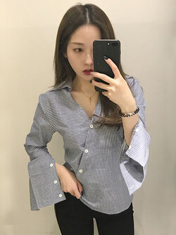 เสื้อเชิ๊ตผูหญิงแฟชั่นแต่งกระดุมหน้าเฉียง สไตล์สวยเก๋แบบเกาหลี รหัส 1757