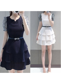 ชุดเดรสแฟชั่นแต่งระบายชาย แขนตุ๊กตา มี 2 สี