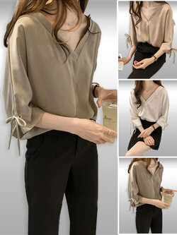 เสื้อแฟชั่นคอวีแขนสั้นรอยสายผูกโบว์น่ารักมี3สี รหัส2040