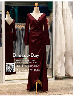 รหัส ชุดเจ้าภาพ : PFL141 ชุดแม่เจ้าสาว ชุดไปงานแต่งมีแขน ชุดราตรียาว แขนยาว จับเดรป สวย เรียบ หรูดูแพง