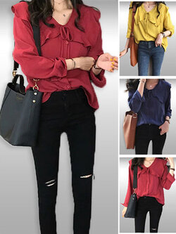 เสื้อเชิ๊ตแฟชั่นคอปกระบายแบบสวยหวานเรียบร้อยใส่ไปงานได้คะ มี 3 สี รหัส 1979