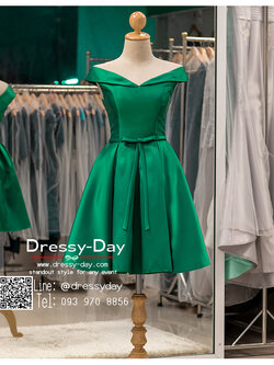 รหัส ชุดราตรีสั้น : BB052 ชุดแซก ชุดราตรี ผ้าไหม ไหล่ปาด เรียบหรูเหมาะใส่ออกงานกลางคืน งานคอกเทล สีเขียว