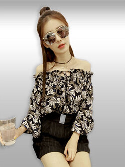 เสื้อแฟชั่น กึ่งเอวลอย โชว์ไหล่ พิมพ์ลายดอกไม้น่ารักสไตล์เกาหลี รหัส 1537