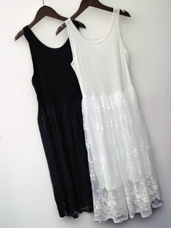 ชุดเดรสแฟชั่นแขนกุด ต่อผ้าโปรงถักกลูกไม้สไตล์เกาหลี 2 สี ขาว/ดำ รหัส 1725