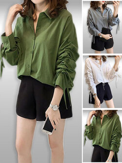 เสื้อแฟชั่นคอปกแต่งแขนสายรูดเก๋ๆ รหัส2008