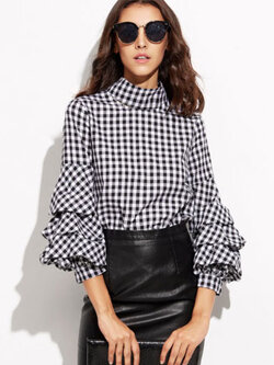 เสื้อแฟชั่นลายสก๊อตคอปีนแขนพองแต่งระบายสามชั้น สวยเก๋สไตล์เกาหลี รหัส 1785