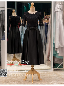 รหัส ชุดราตรีสั้น : bb004 ชุดแซก ชุดราตรี สีดำ แขนยาวเรียบหรูเหมาะใส่ออกงานกลางคืน งานคอกเทล กระโปรงบาน