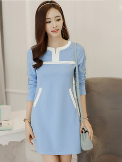 ชุดเดรสแฟชั่นคอกลมสีฟ้าสดใส คอผ่ารูปตัววีตามแบบสวยน่ารักสไตล์เกาหลี รหัส 1643