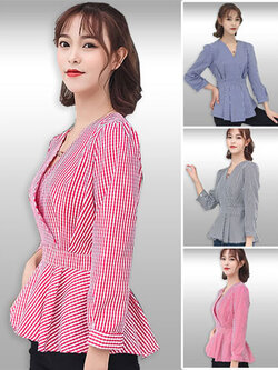 เสื้อแฟชั่นคอวีลายสก็อตแต่งระบายเอวมี3สี รหัส 2034