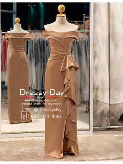 รหัส ชุดราตรียาว : PFL159 ชุดไปงานแต่งคนอ้วน ชุดราตรีคนอวบสวยๆ แบบมีแขน เปิดไหล่ เรียบหรูดูแพง พร้อมส่ง