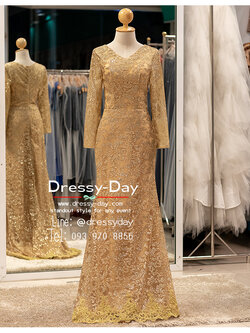 รหัส ชุดเจ้าภาพงานแต่ง : PFL089 ชุดราตรียาว แขนยาว สีทอง ไปงานแต่งงานกลางคืน งานเดินพรหมแดง งานกาล่าดินเนอร์