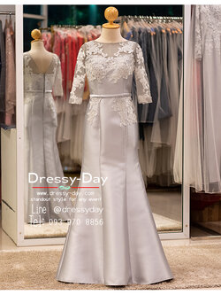 รหัส ชุดไปงานแต่ง : PFL055 ชุดราตรียาวมีแขน ชุดไปงานแต่งกลางคืน ใส่แล้วไม่อ้วน เทา/เงิน