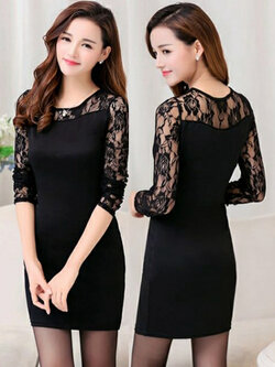 ชุดเดรสแฟชั่น แขนยาว แต่งแขนผ้าลูกไม้ 2 ไซส์ M;L