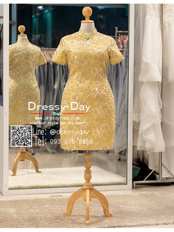 รหัส ชุดกี่เพ้า :KPS073 ชุดกี่เพ้าสั้น ประยุกต์ มีแขน ปักดิ้นทอง พร้อมส่ง