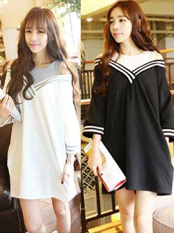 ชุดเดรสโชว์ไหล่แบบสปอร์ตตี้เกิลล์มี 2 สีดำ/ขาว รหัส 1263