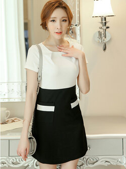 ชุดเดรสแฟชั่น คอกลมเสื้อขาวต่อกระโปรงดำ รหัส 1299