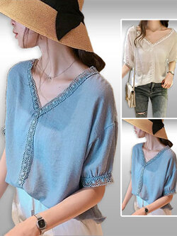 เสื้อแฟชั่นคอวีกุ๊นขอบลูกไม้สวยหวานมี2สีรหัส2061