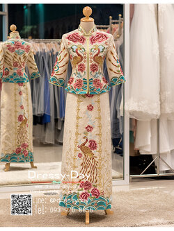 รหัส ชุดกี่เพ้า :KPL096 ชุดแต่งงานจีนโบราณ ปักลายนกยูงคู่ สวย หรู อลัง