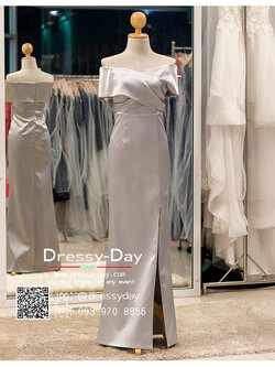 รหัส ชุดราตรียาว : PFL110 ชุดไปงานแต่งสีเทา แบบมีแขน เปิดไหล่ ชุดไปงานแต่งงานกลางคืน เรียบ หรู ดูแพง พร้อมส่ง