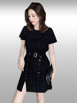 ชุดเดรสแฟชั่นสีดำแต่งกลิตเตอร์วิบวับปาร์ตี้ได้เลยจ้า รหัส 2296